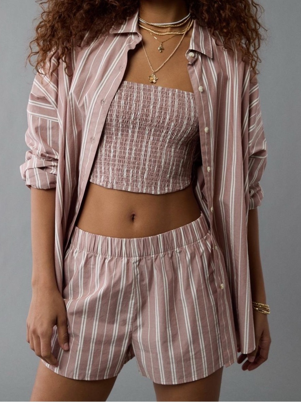 New! AE 3pc Set! Striped Dusty Rose Cropped Top, Shirt & Shorts. Size Small